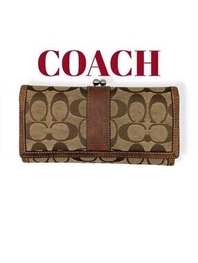 Coach Vintage Signature Kisslock  Wallet Khaki Canvas Brown Leather Leatherware